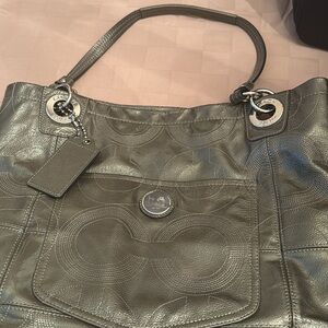 COACH Alex Leather Stitched Tote Gunmetal Gray Silver glimmer  🌼